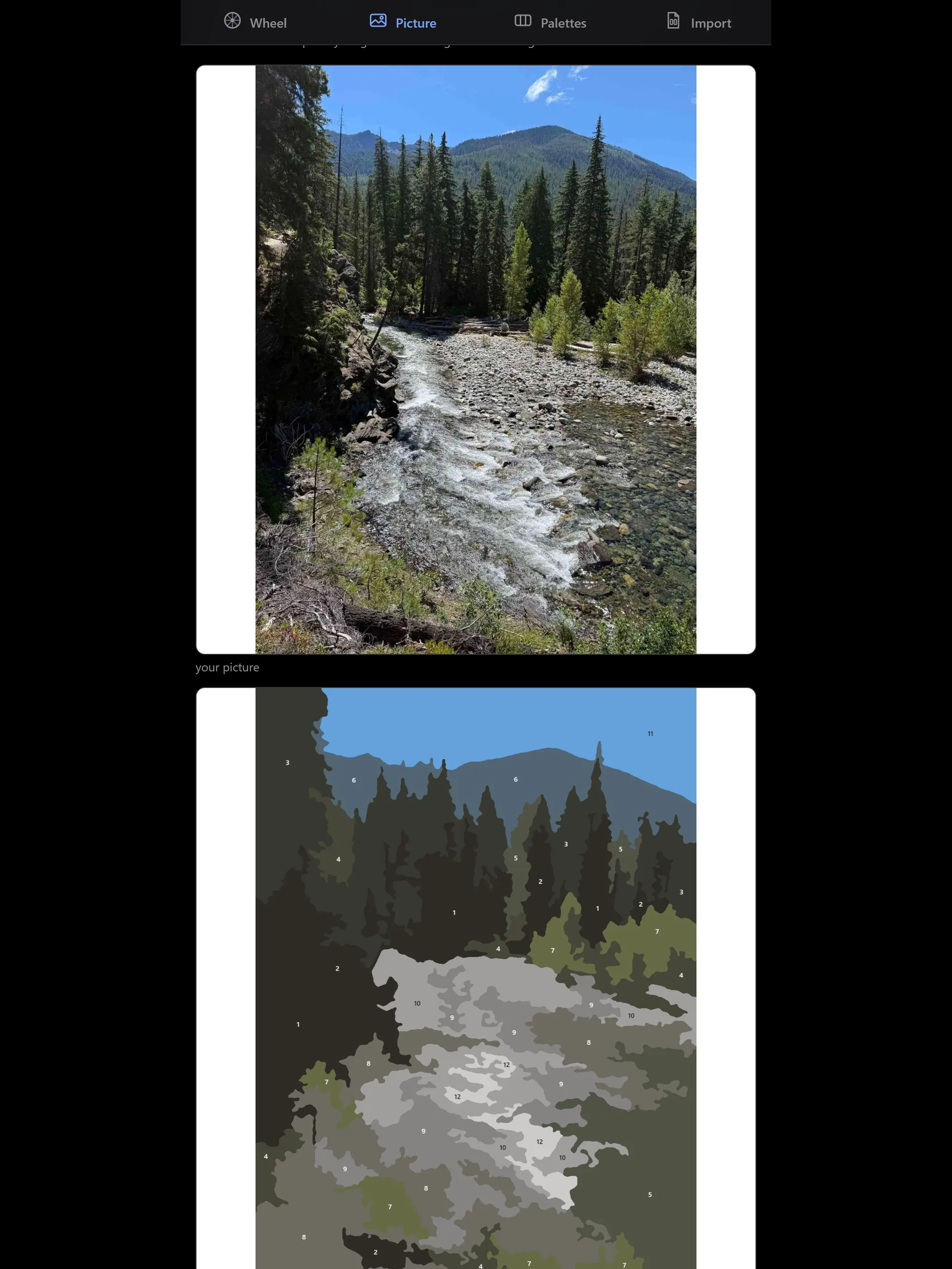 A river photo and the numbered paint map Lightfast made from it