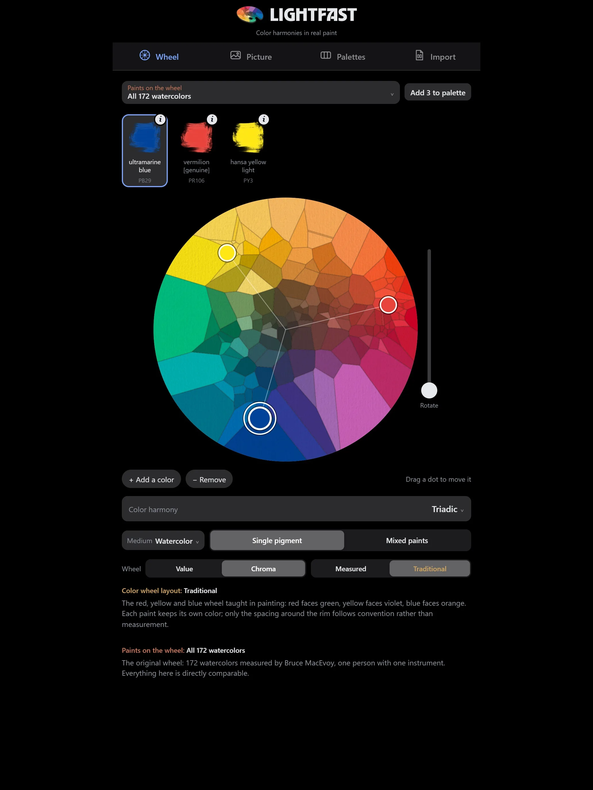 Lightfast on an iPad: a triadic harmony of ultramarine blue, vermilion and hansa yellow on a wheel of 172 watercolors