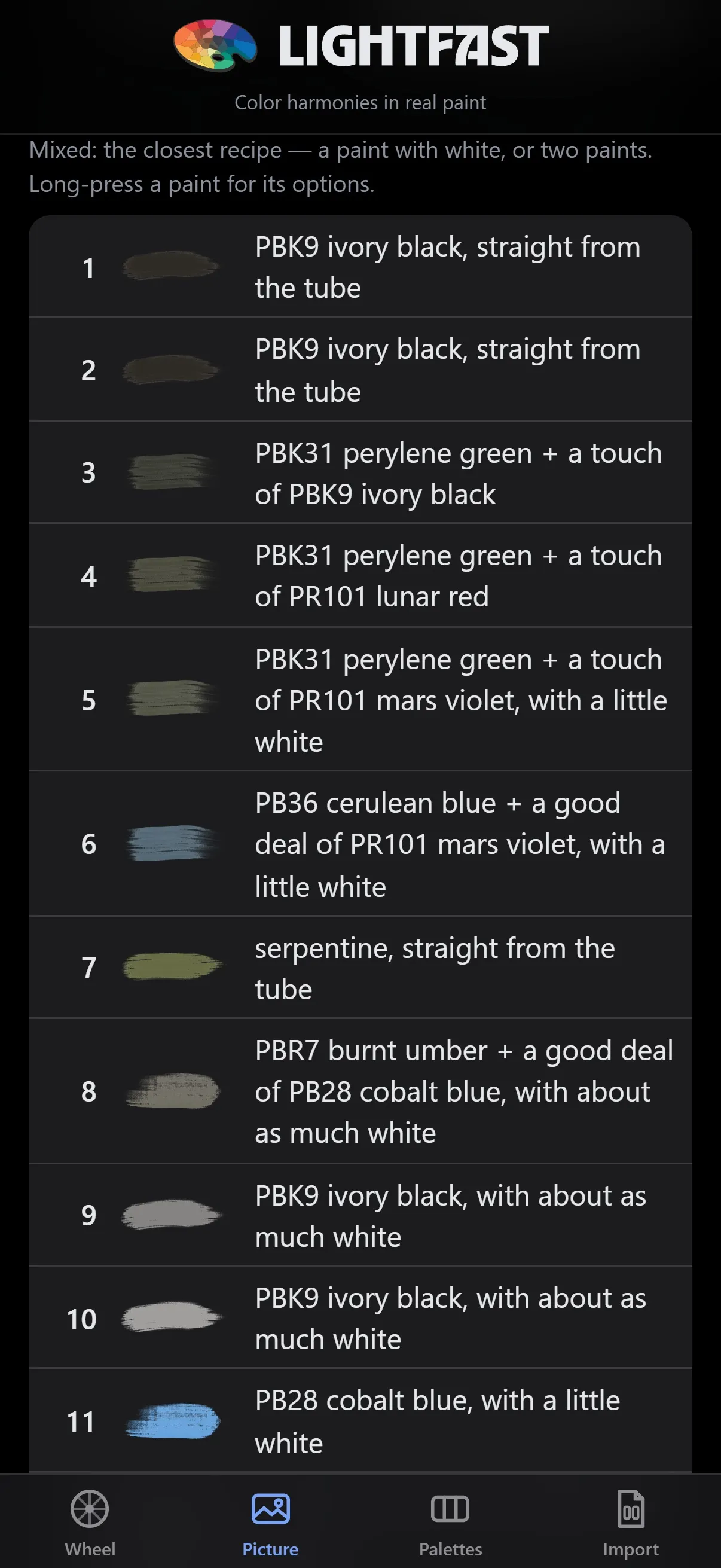 Mixing recipes for each color of the map