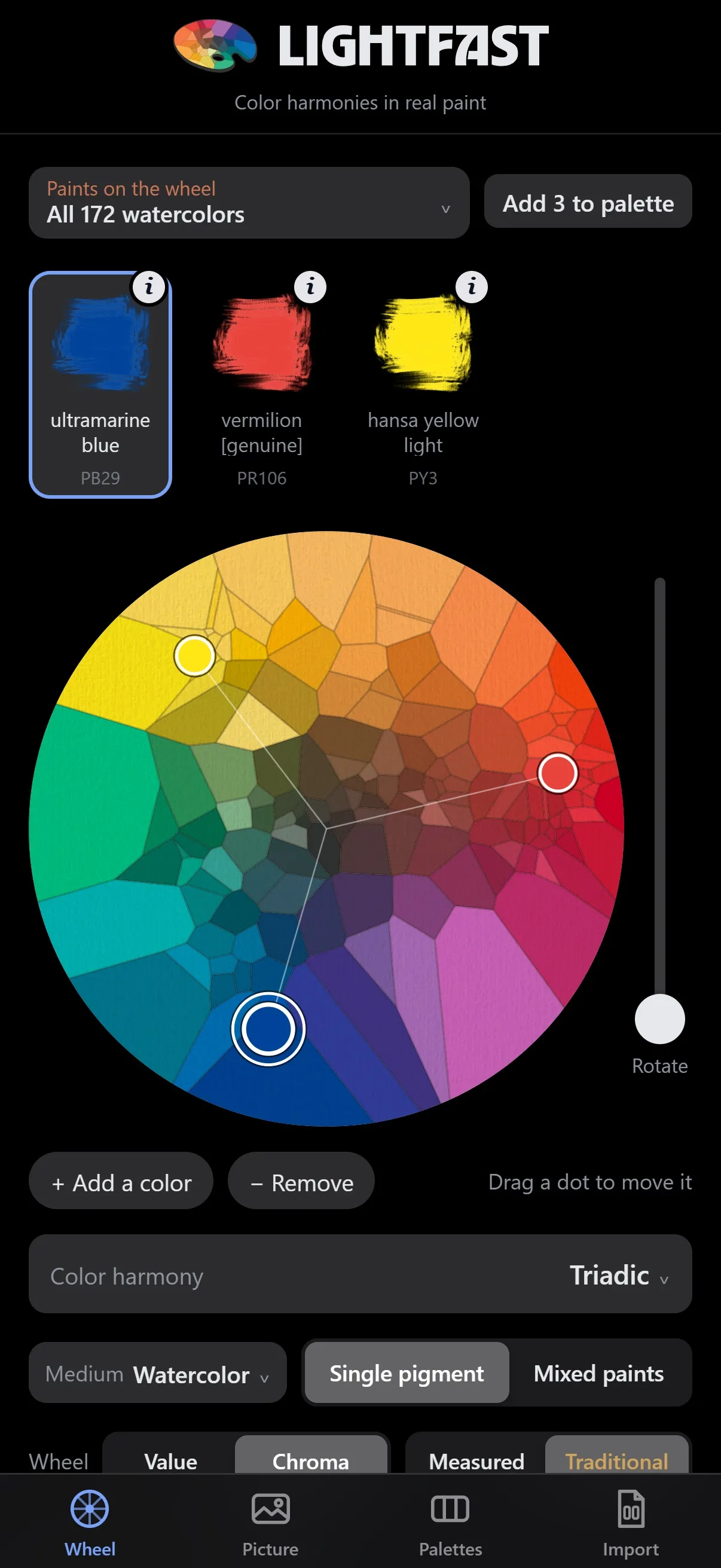 The wheel of 172 measured watercolors with a triadic harmony